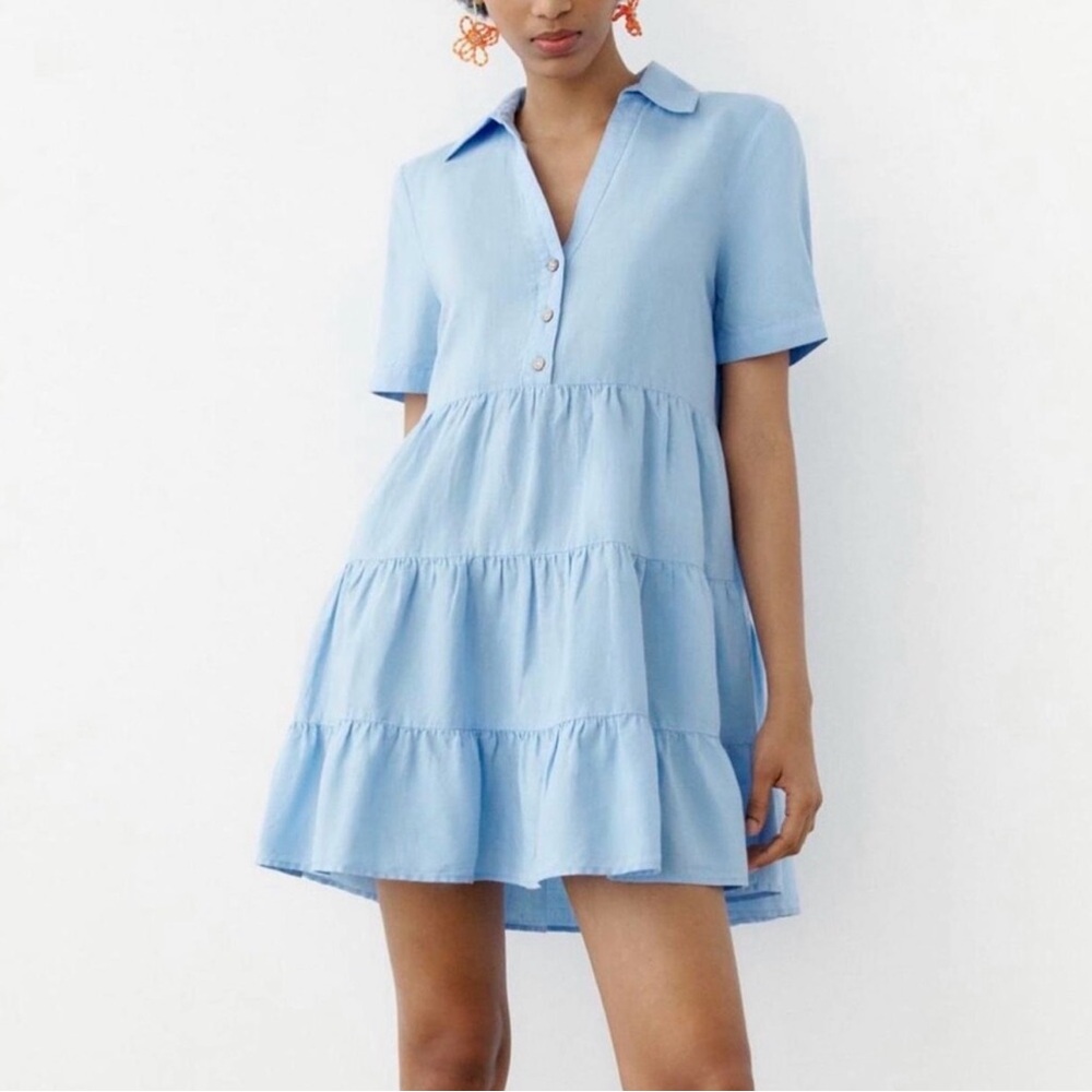 ZARA Linen Blend Tiered Babydoll Mini Dress Blue Medium Coastal Summer